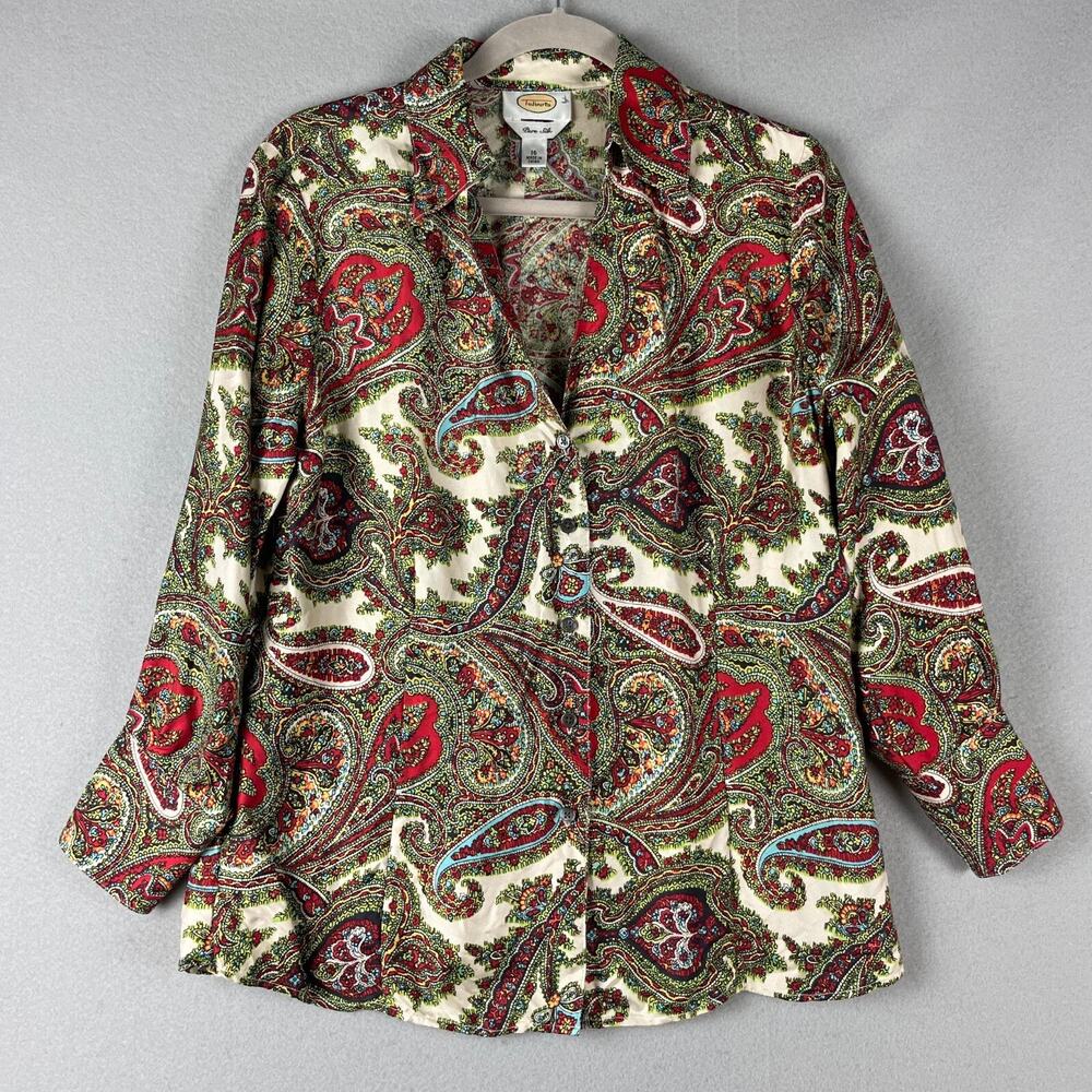 Talbots Silk Top Womens 16 Paisley Button Front‎ Pleated Blouse Colorful Artsy